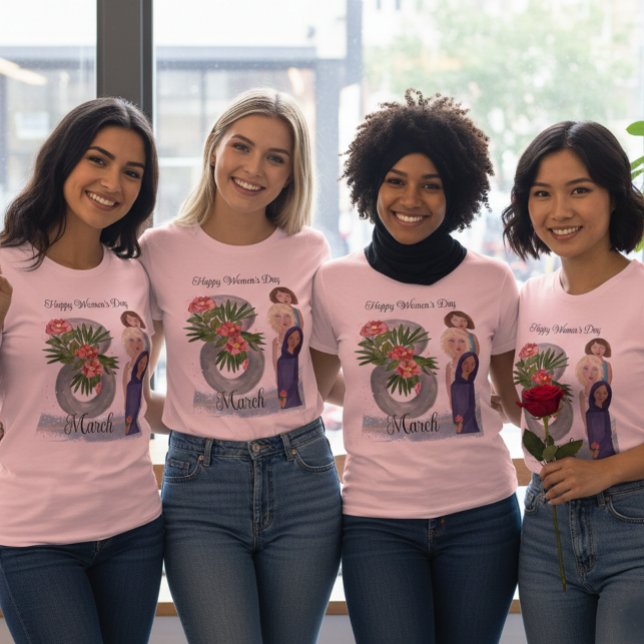 Camiseta Feliz Dia da Mulher | 8 de março T-Shirt Rosa (Happy Women's Day  March 8th Pink T-Shirt- showing diversified women matching T_shirt  )