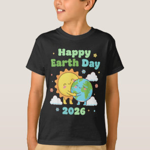 Camiseta Feliz dia da terra 2026 sol fofo abraçando a terra