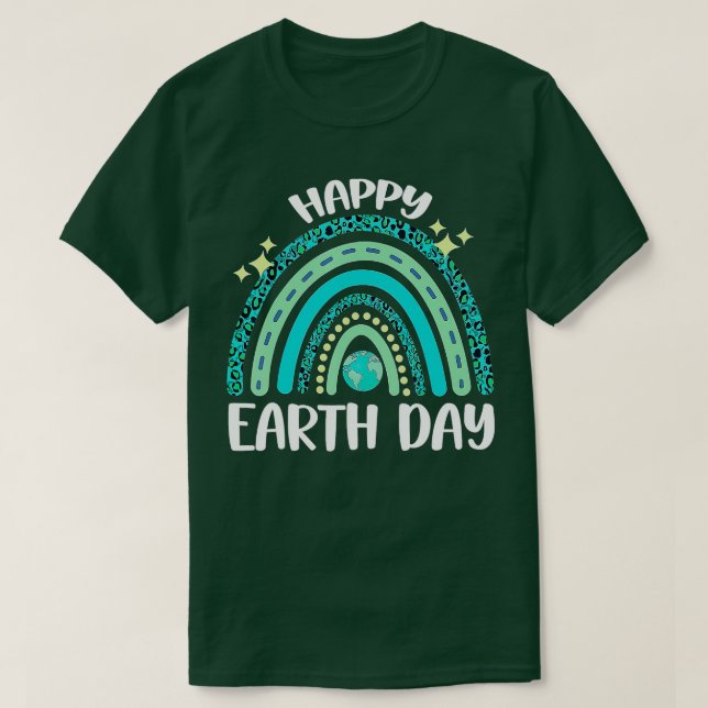 Camiseta Feliz Dia da Terra Rainbow Leopardo Verde Dia da T (Frente do Design)