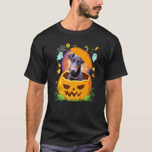 Camiseta Feliz Dia das Bruxas Abóbora Doberman Pinscher Cac
