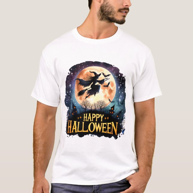 Camiseta Feliz Dia das Bruxas - Bruxa da Broom Voadora (Frente)