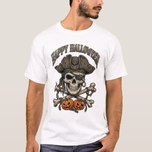 Camiseta Feliz Dia das Bruxas Caveira de Pirata Ossos Cruza