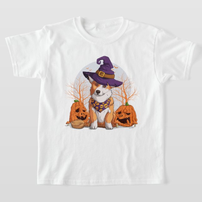 Camiseta Feliz Dia das Bruxas | Corgi Witch Puppy Dog T Shi (Postura )