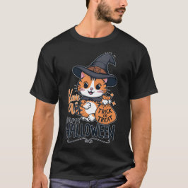 Camiseta Feliz Dia das Bruxas - Gato Bonito com Trick ou Tr