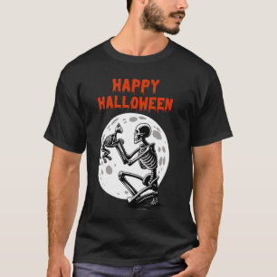 Camiseta Feliz Dia das Bruxas Gato Esqueleto Lua Cheia Fofo