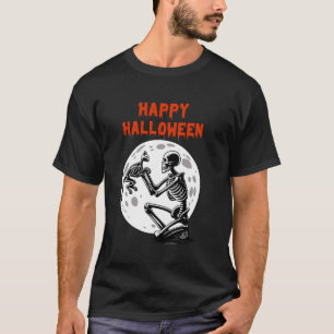 Camiseta Feliz Dia das Bruxas Gato Esqueleto Lua Cheia Fofo
