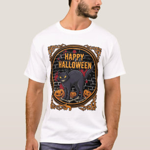 Camiseta Feliz Dia das Bruxas Gato Preto Abóboras Ossos_1
