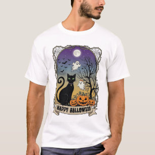 Camiseta Feliz Dia das Bruxas Gato Preto Fantasmas Abóboras