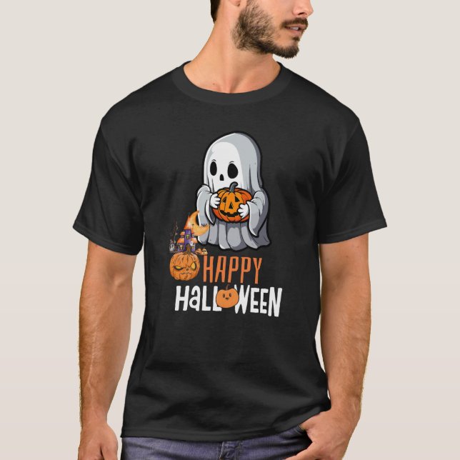 Camiseta "Feliz Dia das Bruxas", Ghost e Abóbora (Frente)