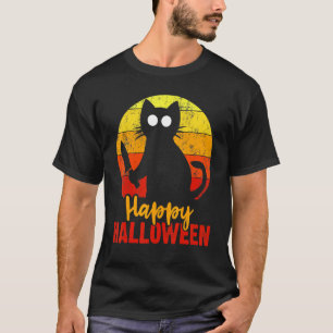 Camiseta Feliz Dia das Bruxas Horror Gato Preto Com Faca As