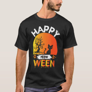 Camiseta Feliz Dia das Bruxas Meow O Ween Gato Preto Fofo F