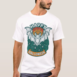 Camiseta Feliz Dia das Bruxas Morcego Branco Teia de Aranha