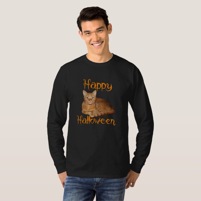 Camiseta Feliz Dia das Bruxas - Tabby Laranja Não Assustado (Frente Completa)