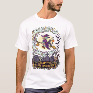Camiseta Feliz Dia das Bruxas Vassoura de Bruxa Gatos Preto