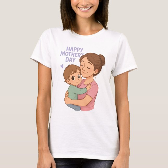 Camiseta Feliz Dia das Mães, Bonita Mãe e Filho Abraçando C (Frente)