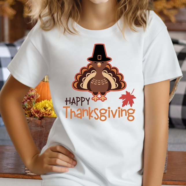 Camiseta Feliz Dia de Ação de Graças - Bonita Peregrinação  (Happy Thanksgiving Cute Pilgrim Turkey T-Shirt)