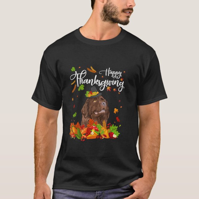 Camiseta Feliz Dia de Ação de Graças em Nova Terra Cão Turq (Frente)