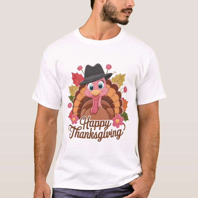 Camiseta Feliz Dia de Ação de Graças Feliz Turquia no Chapé (Frente)