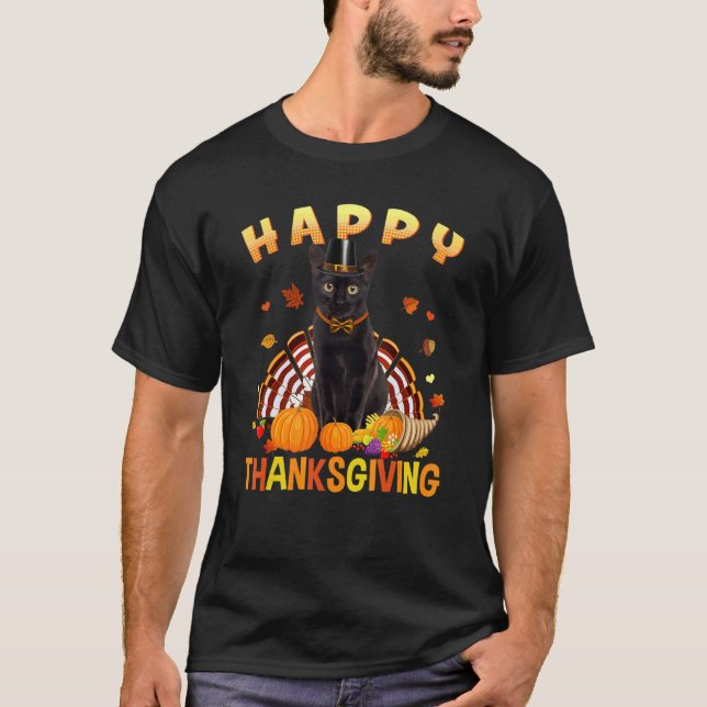 Camiseta Feliz Dia de Ação de Graças Gato Negro Turquia Per (Frente)