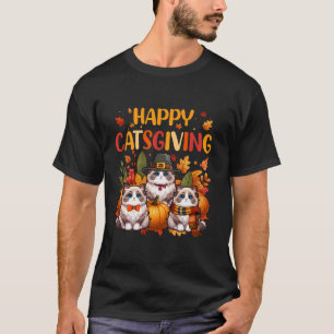 Camiseta Feliz Dia de Ação de Graças Gato Três Gatos Bonito