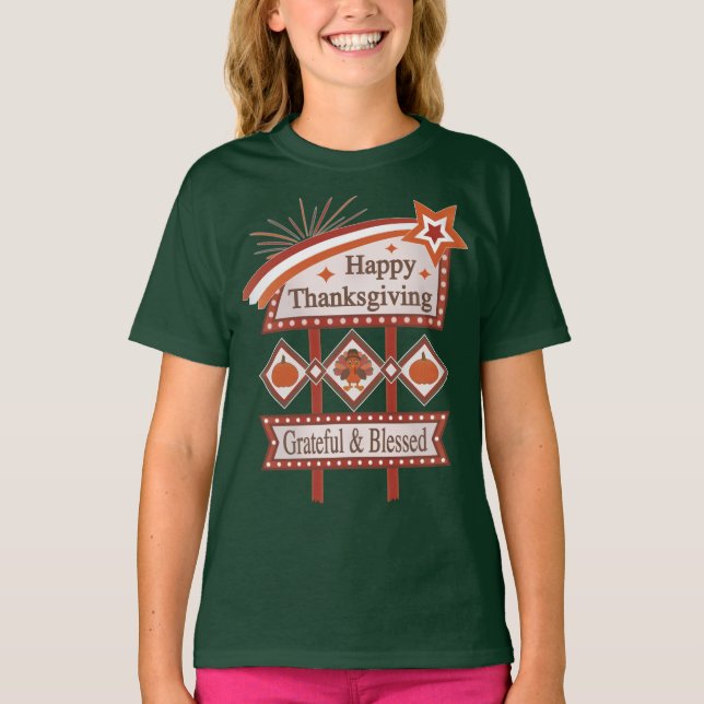Camiseta Feliz Dia de Ação de Graças Grata e Bênção - Sinal (Frente)