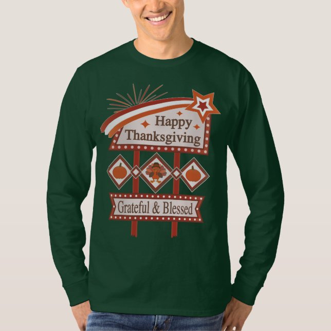 Camiseta Feliz Dia de Ação de Graças Grata e Bênção - Sinal (Frente)