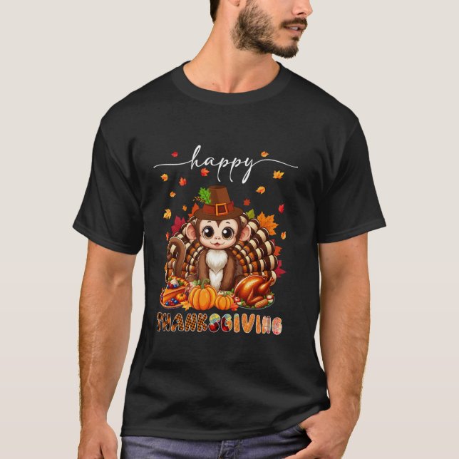 Camiseta Feliz Dia de Ação de Graças Macaco Figurino Turqui (Frente)