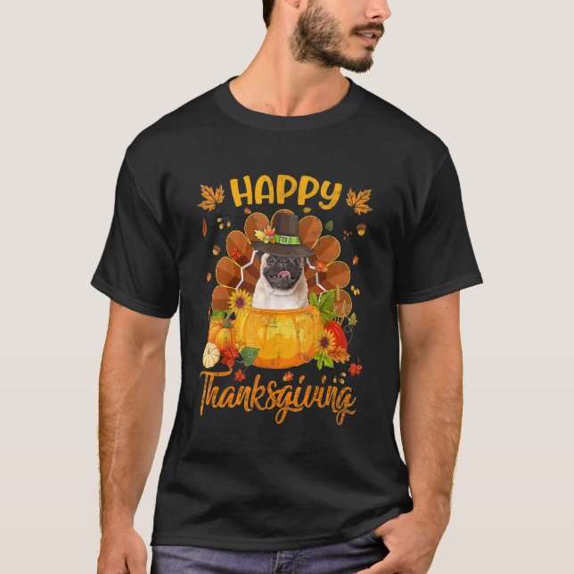 Camiseta Feliz Dia de Ação de Graças Pug Dog Turquia Pumpki (Frente)