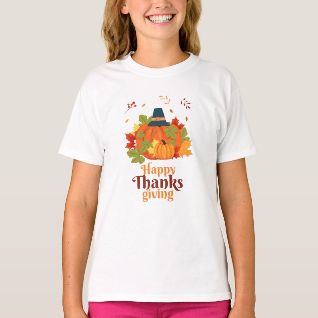 Camiseta Feliz Dia de Ação de Graças Pumpkin com Chapéus e  (Frente)