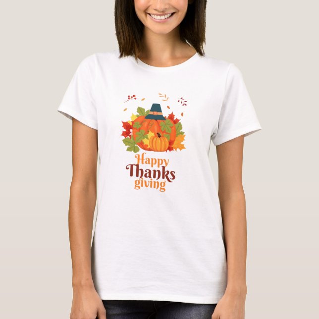 Camiseta Feliz Dia de Ação de Graças Pumpkin com Chapéus e  (Frente)