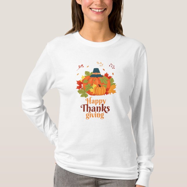 Camiseta Feliz Dia de Ação de Graças Pumpkin com Chapéus e  (Frente)