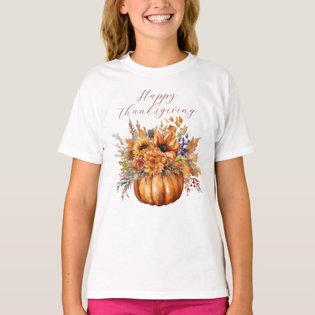 Camiseta Feliz Dia de Ação de Graças Pumpkin e Flores- (Frente)