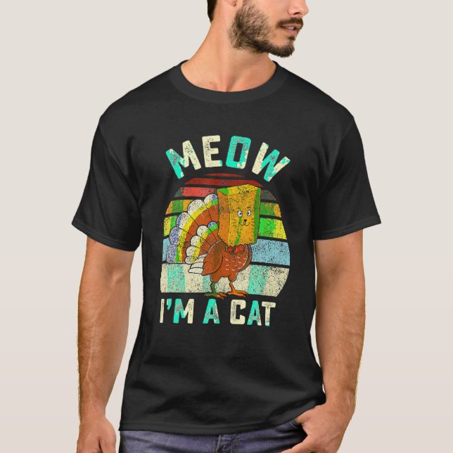 Camiseta Feliz Dia de Ação de Graças Turquia Falsa Gato Ret (Frente)
