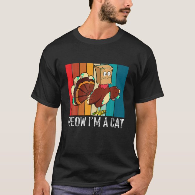 Camiseta Feliz Dia de Ação de Graças Turquia Falso Gato Ret (Frente)