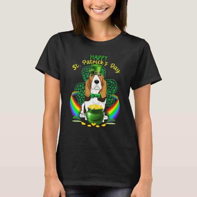 Camiseta Feliz Dia de São Patrício Basset Hound Leprechaun  (Frente)