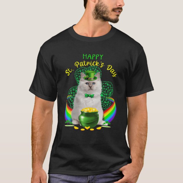 Camiseta Feliz Dia de São Patrício Branco Gato Leprechaun H (Frente)