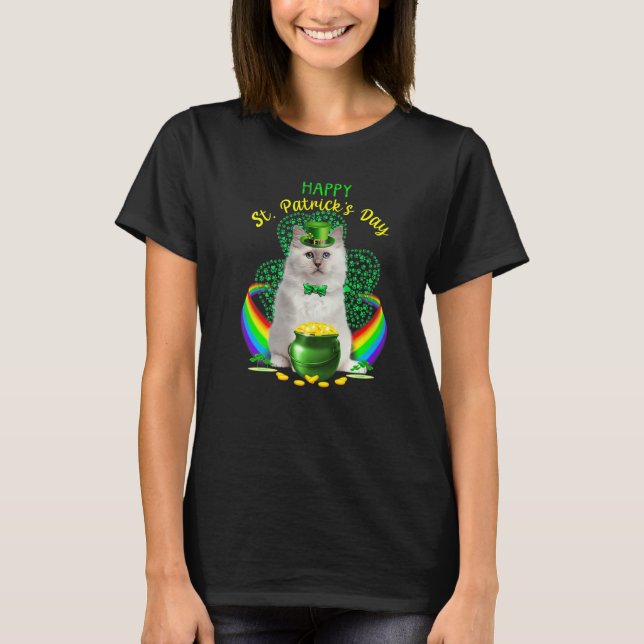 Camiseta Feliz Dia de São Patrício Branco Gato Leprechaun H (Frente)