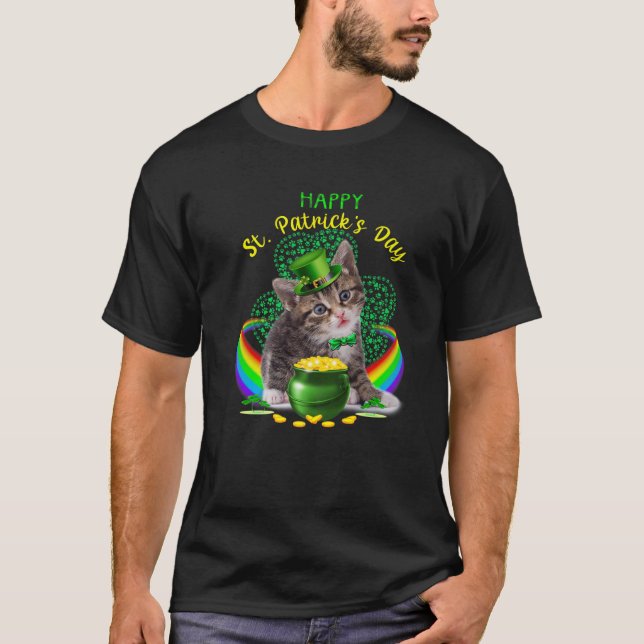 Camiseta Feliz Dia de São Patrício Kitten Leprechaun Hat Sh (Frente)