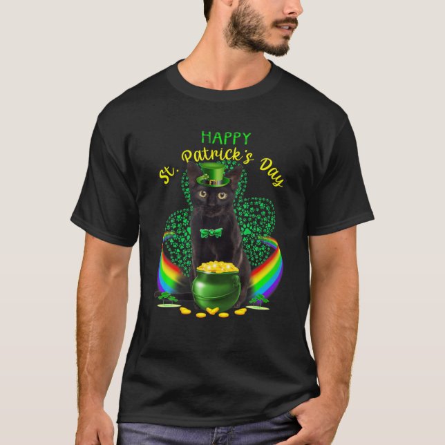 Camiseta Feliz Dia de São Patrício Negro Gato Leprechaun Ha (Frente)