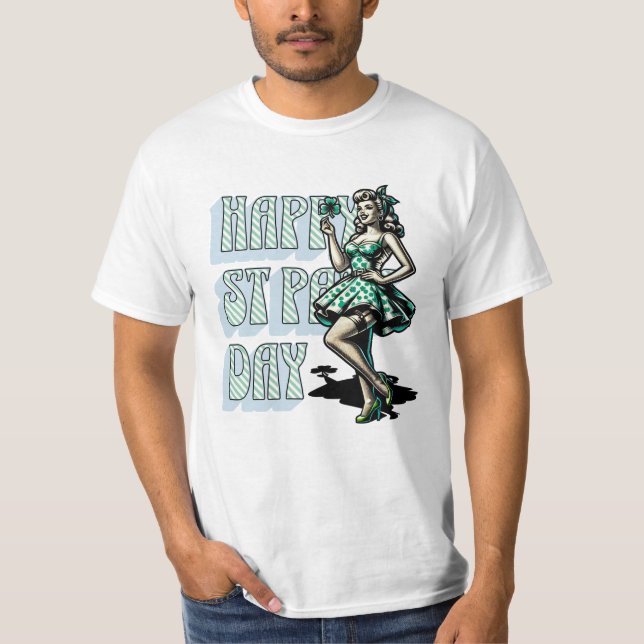Camiseta Feliz Dia de São Patrício Pinup Girl com Shamrock (Frente)