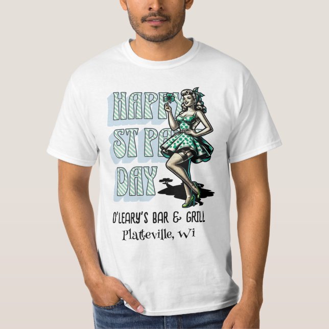 Camiseta Feliz Dia de São Patrício Pinup Girl com Shamrock (Frente)
