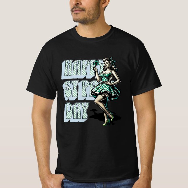 Camiseta Feliz Dia de São Patrício Pinup Girl com Shamrock (Frente)