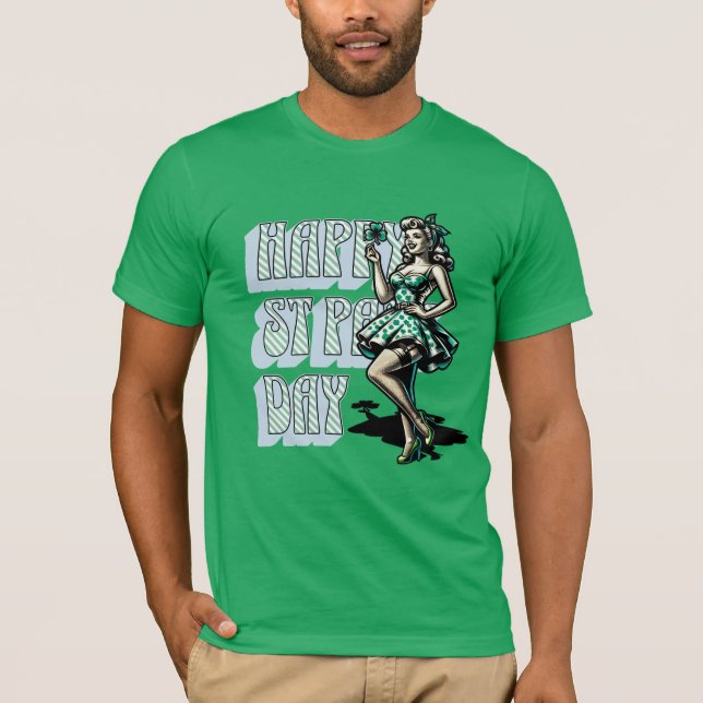Camiseta Feliz Dia de São Patrício Pinup Girl com Shamrock (Frente)