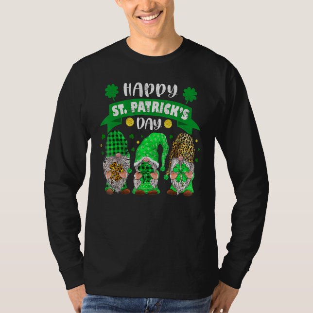 Camiseta Feliz Dia de São Patrício Três Gnomo Shamrock Lepa (Frente)