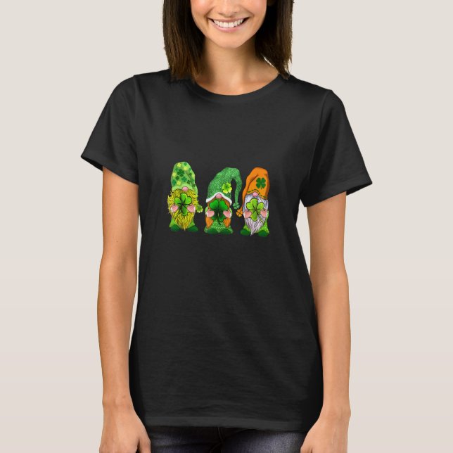 Camiseta Feliz Dia de São Patrício Três Gnomos Shamrock (Frente)