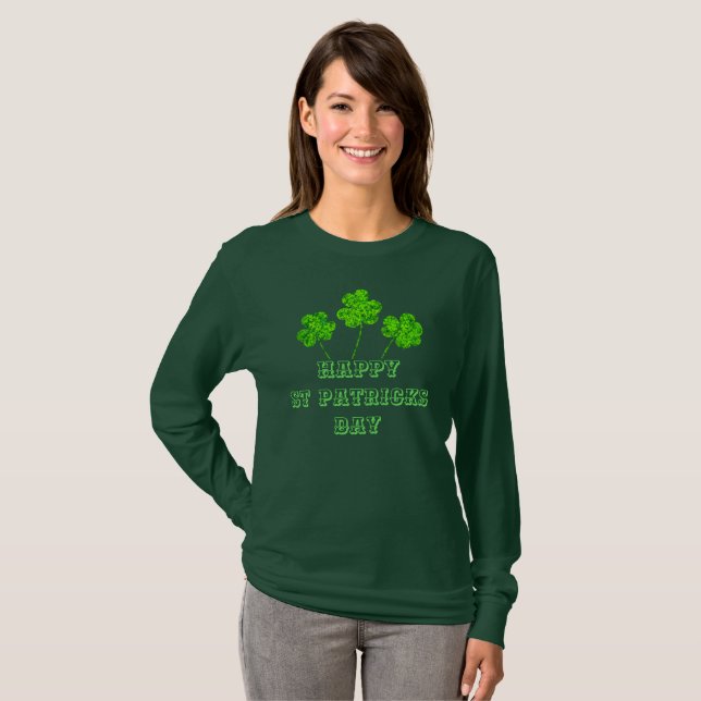 Camiseta Feliz Dia de São Patrício Verde Shamrocks Clovers (Frente Completa)