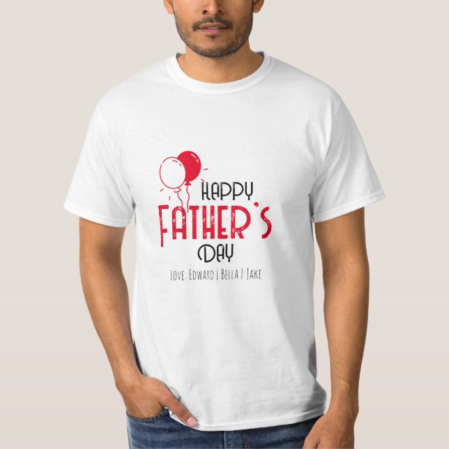 Camiseta Feliz Dia do Pai com Balões e Nomes Vermelhos (Frente)