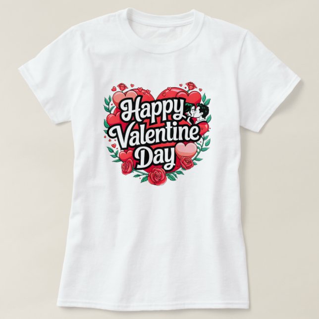 Camiseta Feliz Dia dos Namorados Rosas do coração (Frente do Design)
