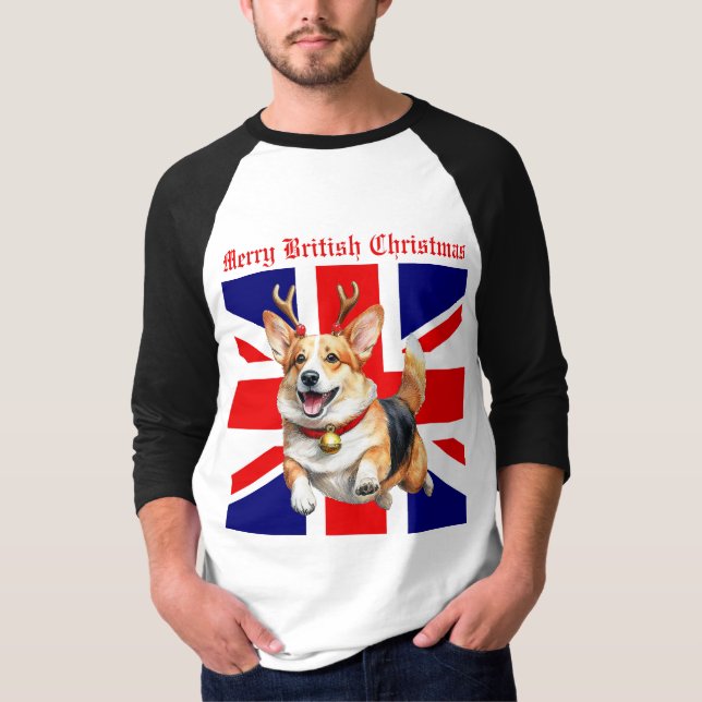 Camiseta Feliz do Natal britânico Corgi Reindeer Antlers (Frente)