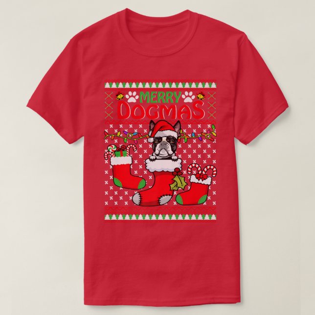 Camiseta Feliz Dogmas Boston Terrier Dog Feliz Natal (Frente do Design)